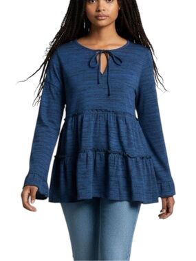 Susan Betro Blue Black Ruffled Long Sleeve Cottage Boho Top NWT Size M